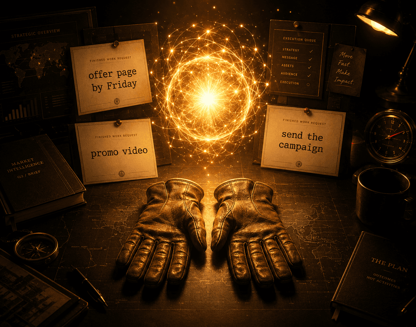 A glowing intelligence at the center of a war room, finished-work requests pinned and waiting, an empty pair of work gloves on the desk