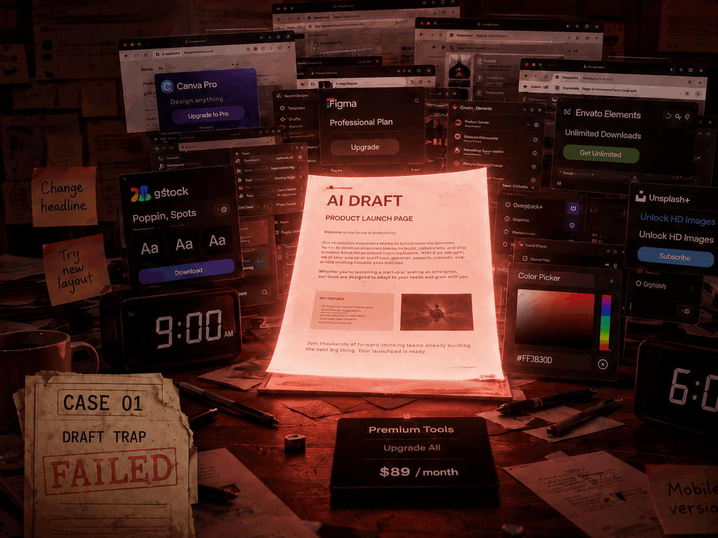 A pristine AI draft at the center of a desk swallowed by tool windows and tabs