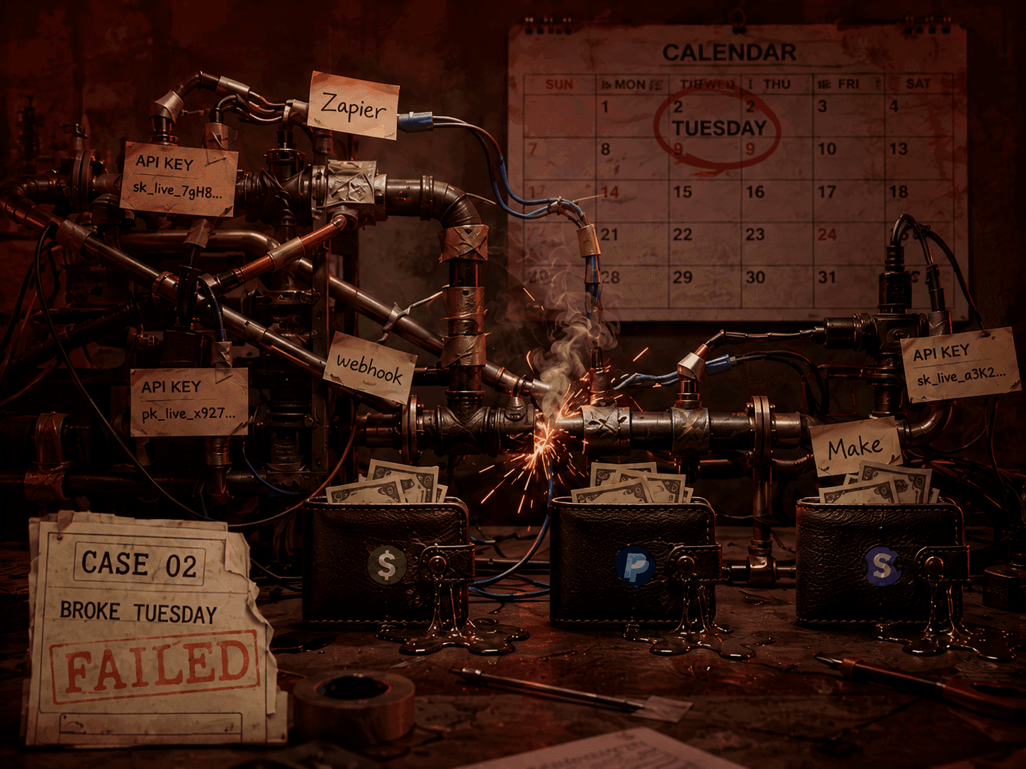 A machine of taped cables, plugs, and wallet icons sparking at one joint, a calendar showing Tuesday