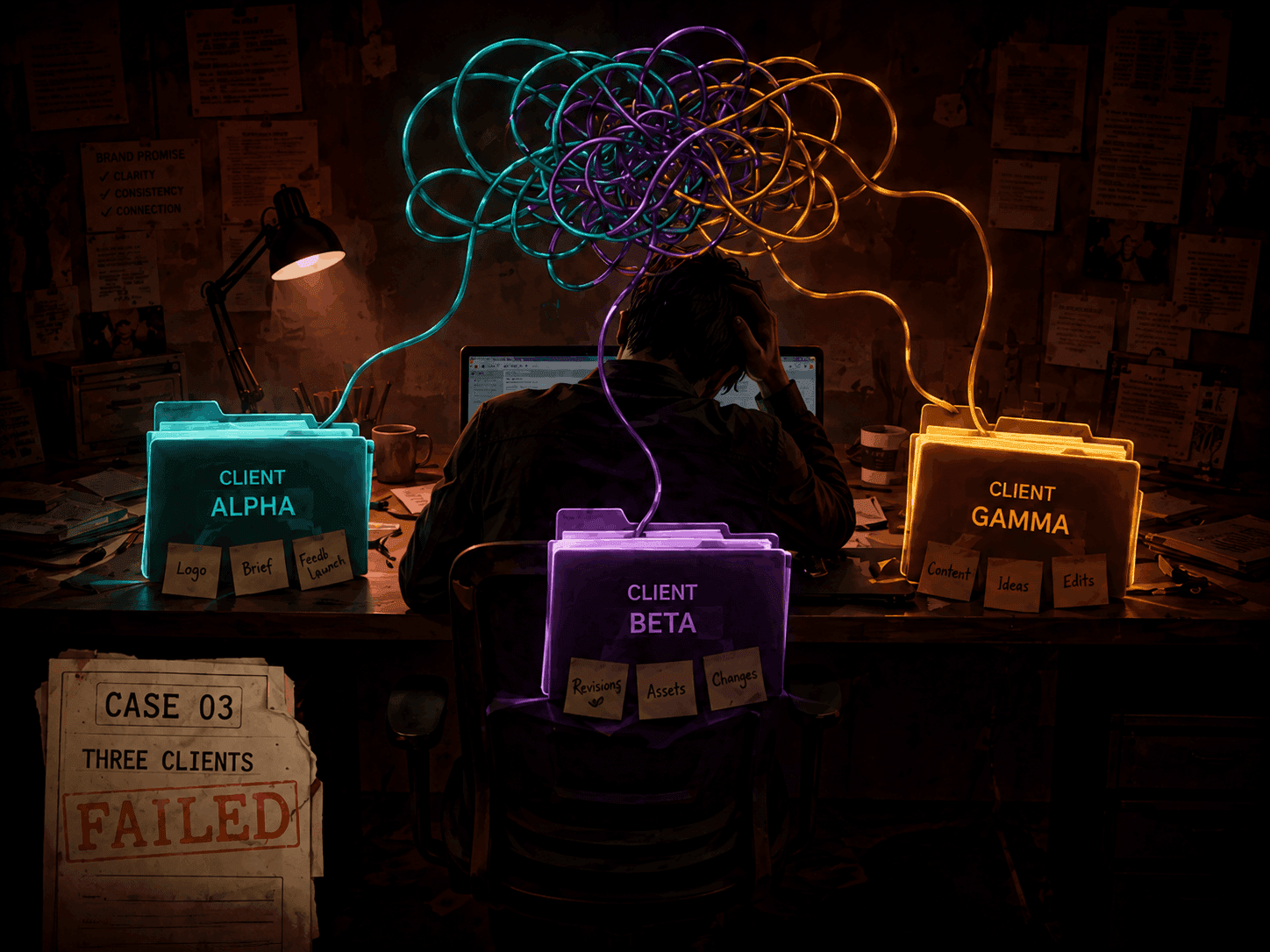 One operator between three client folders, brand-color threads from each tangling into a knot above their head