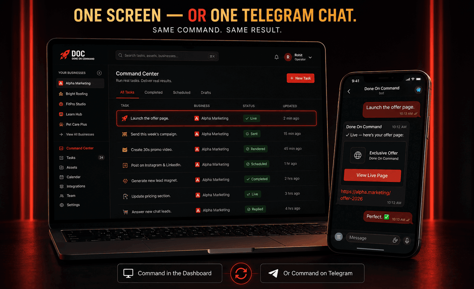 The command center on a laptop and the same task confirmed in a Telegram thread on a phone