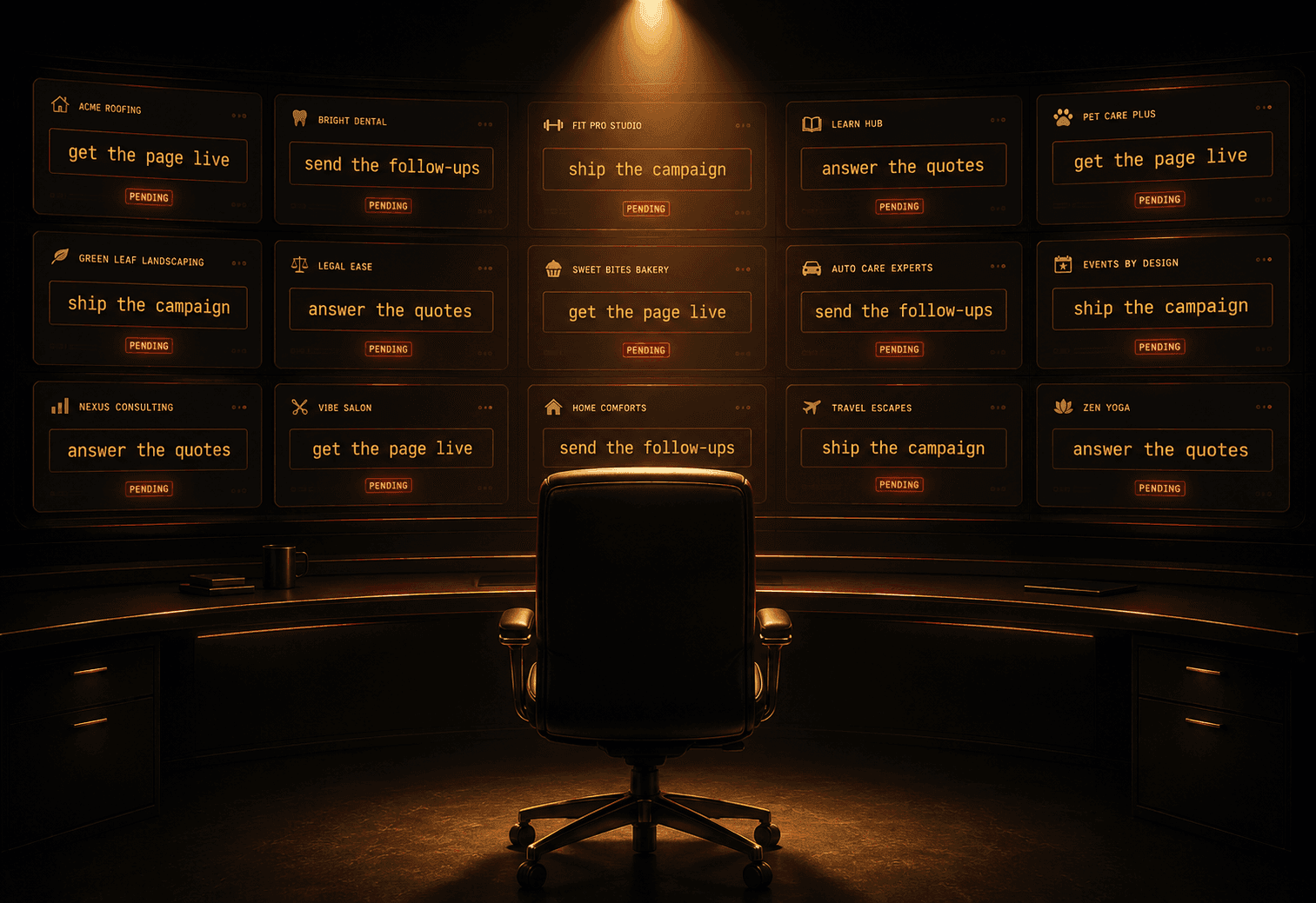An empty command-center chair lit from above, facing a wall of small-business screens with pending requests