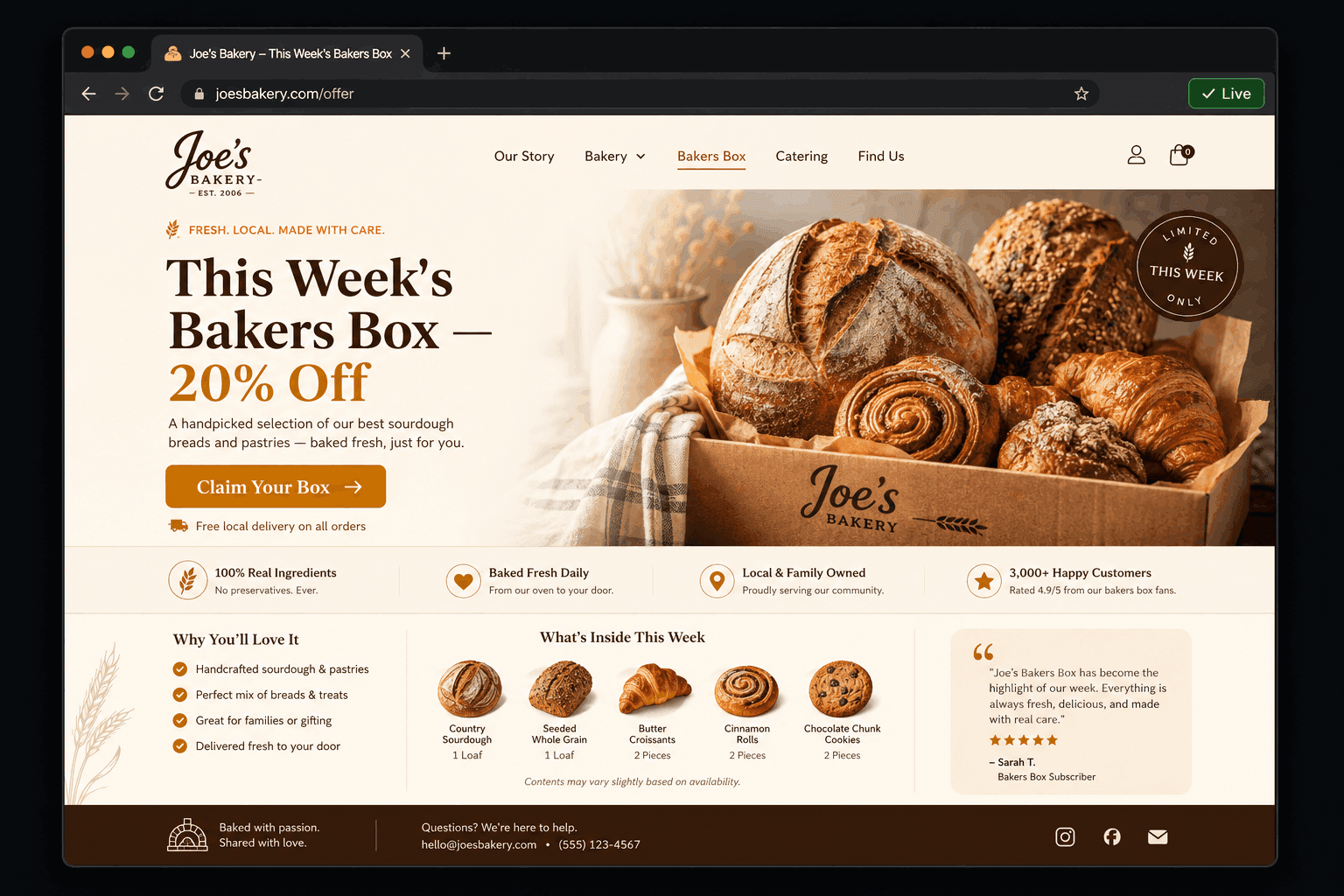 Pages output — a generated landing page shown live on the hosted domain