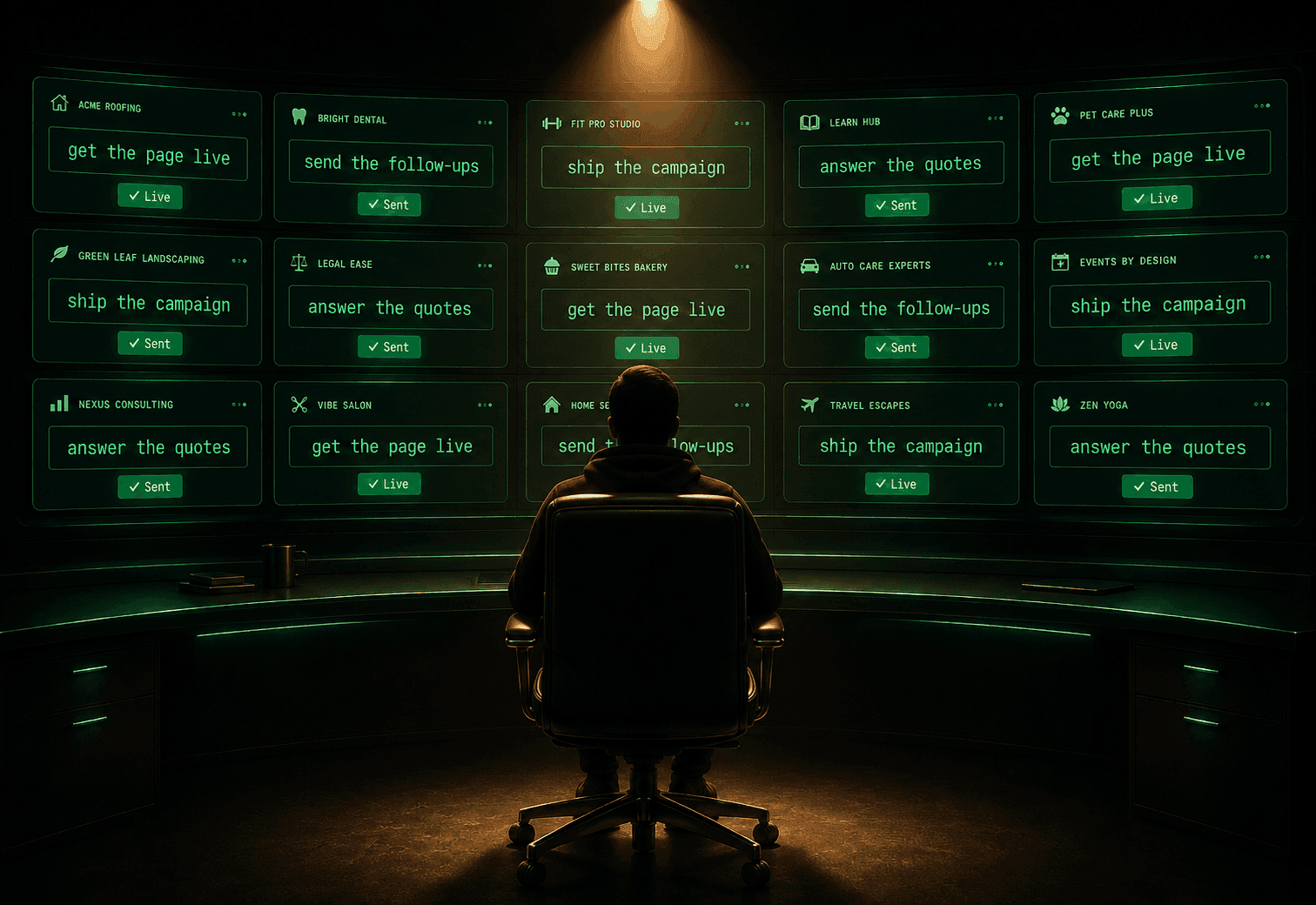 The command chair now occupied — the operator at work, client business screens around them showing delivered states