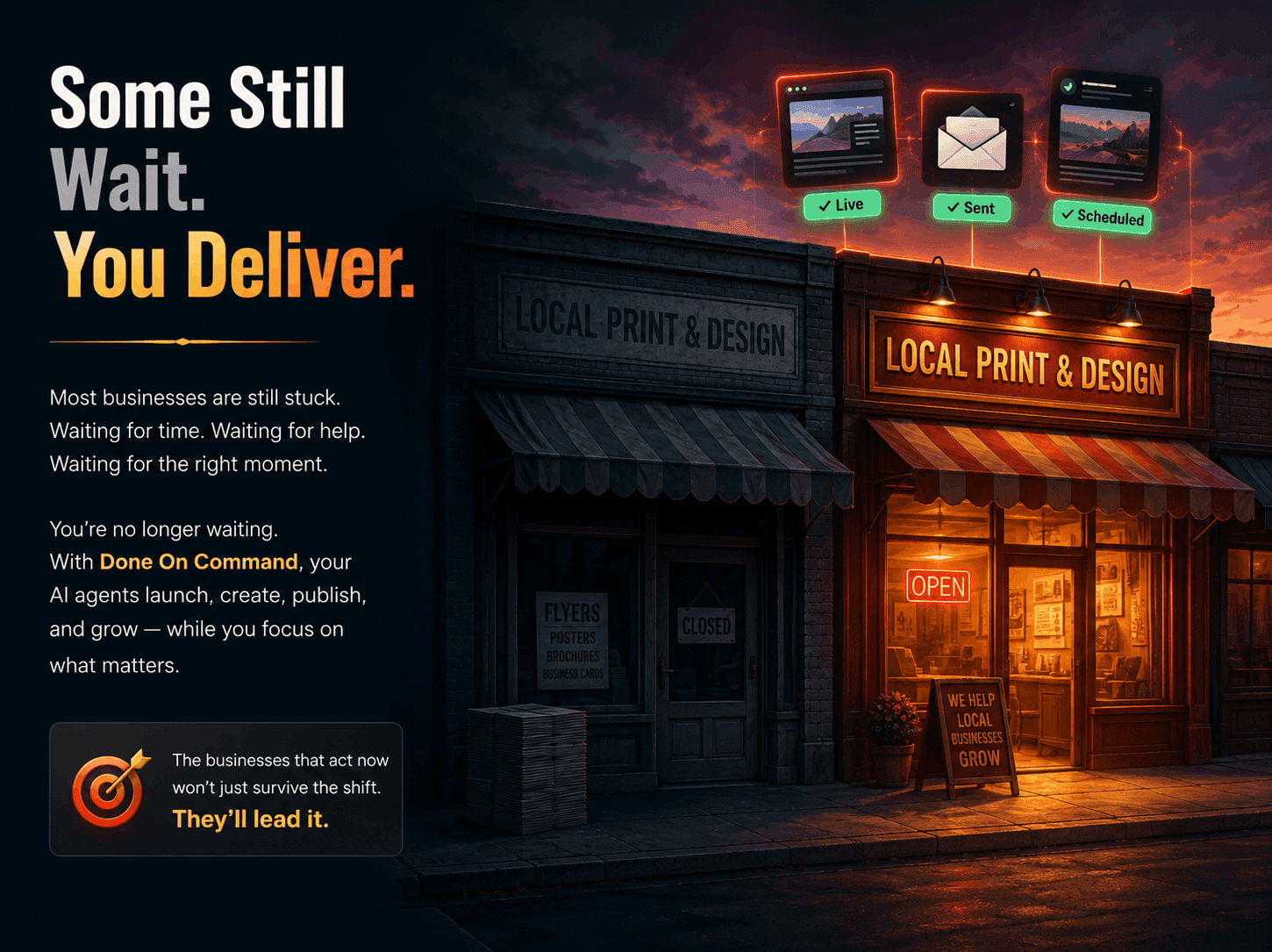 Two storefronts at dusk — one dark and quiet, one alive with delivered-state glows: a page live, a message sent, a post published
