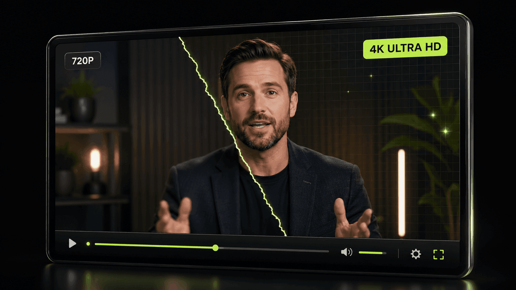 The same frame split: 720P on the left, 4K Ultra HD on the right