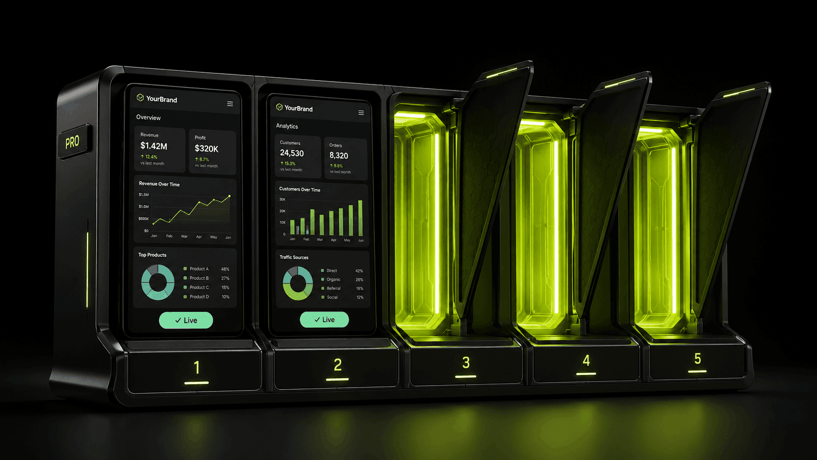 The five-business dock — two slots running, three unlocking with Pro
