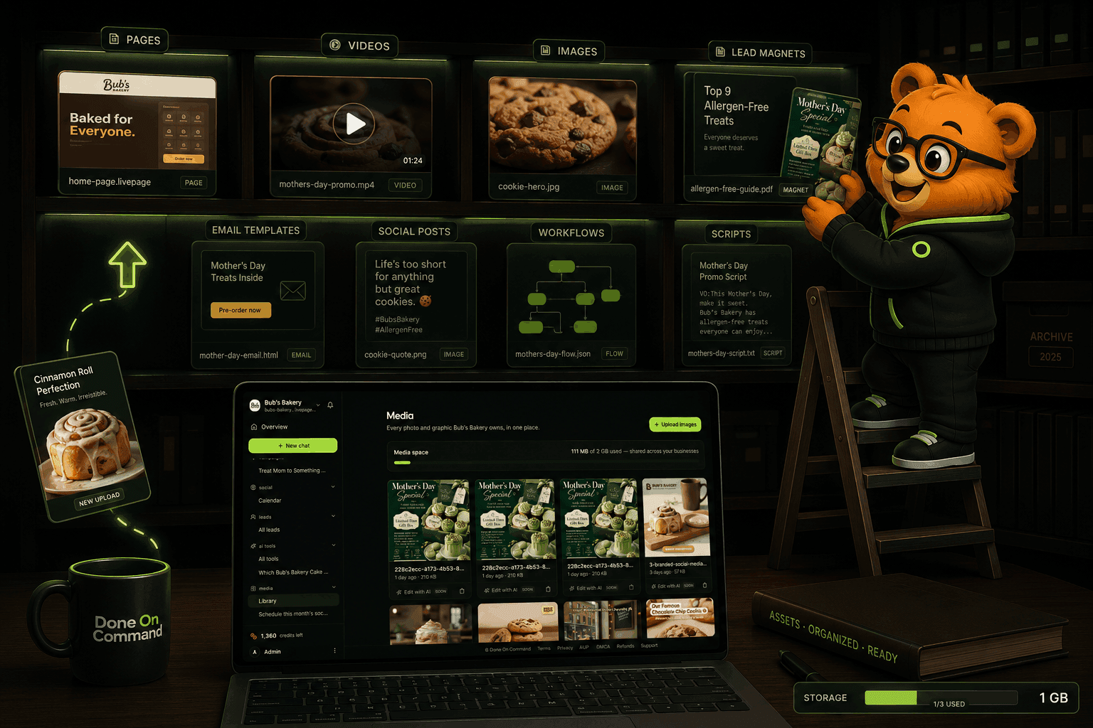 The asset library — every deliverable for every business in one place