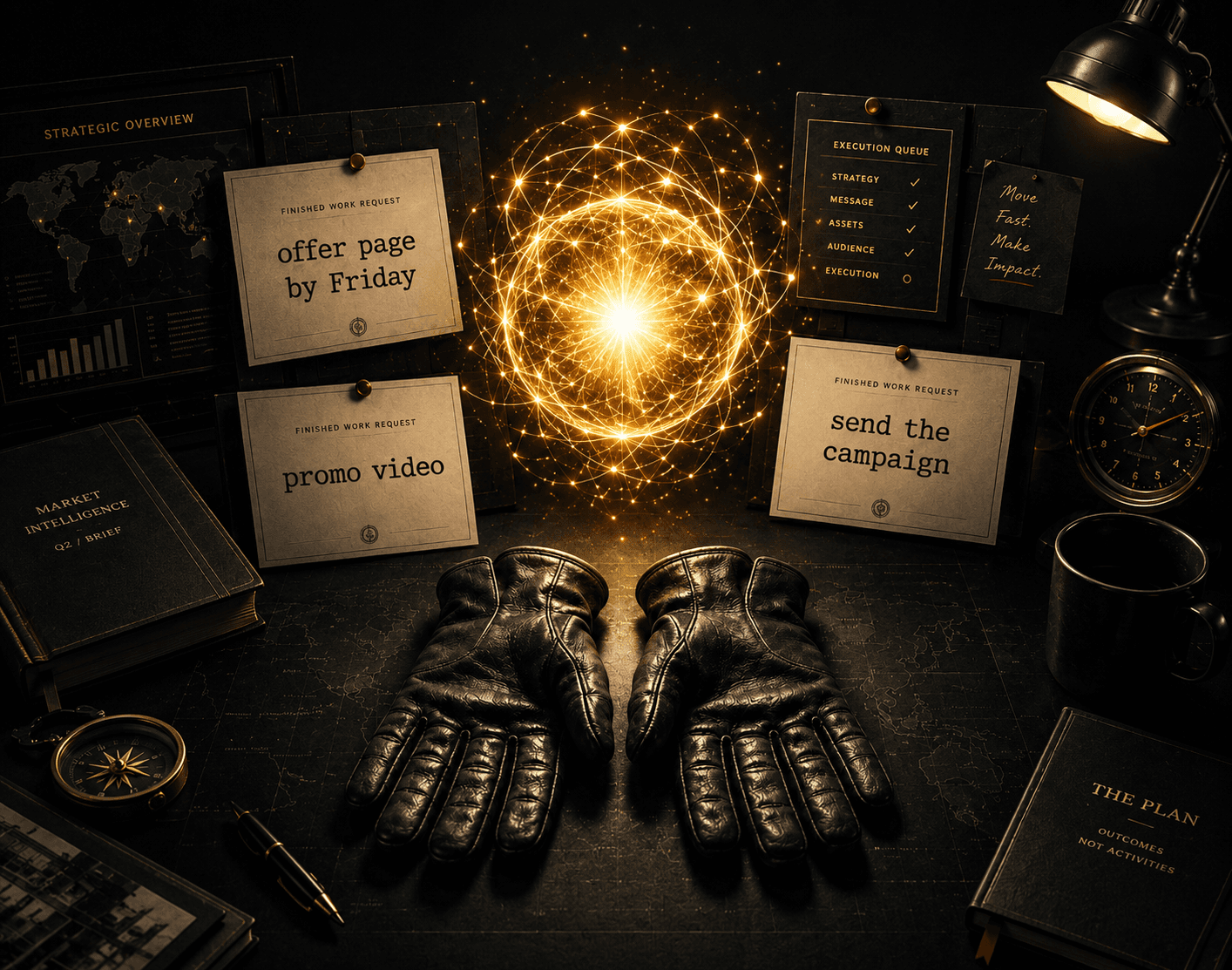 A glowing intelligence at the center of a war room, finished-work requests pinned and waiting, an empty pair of work gloves on the desk