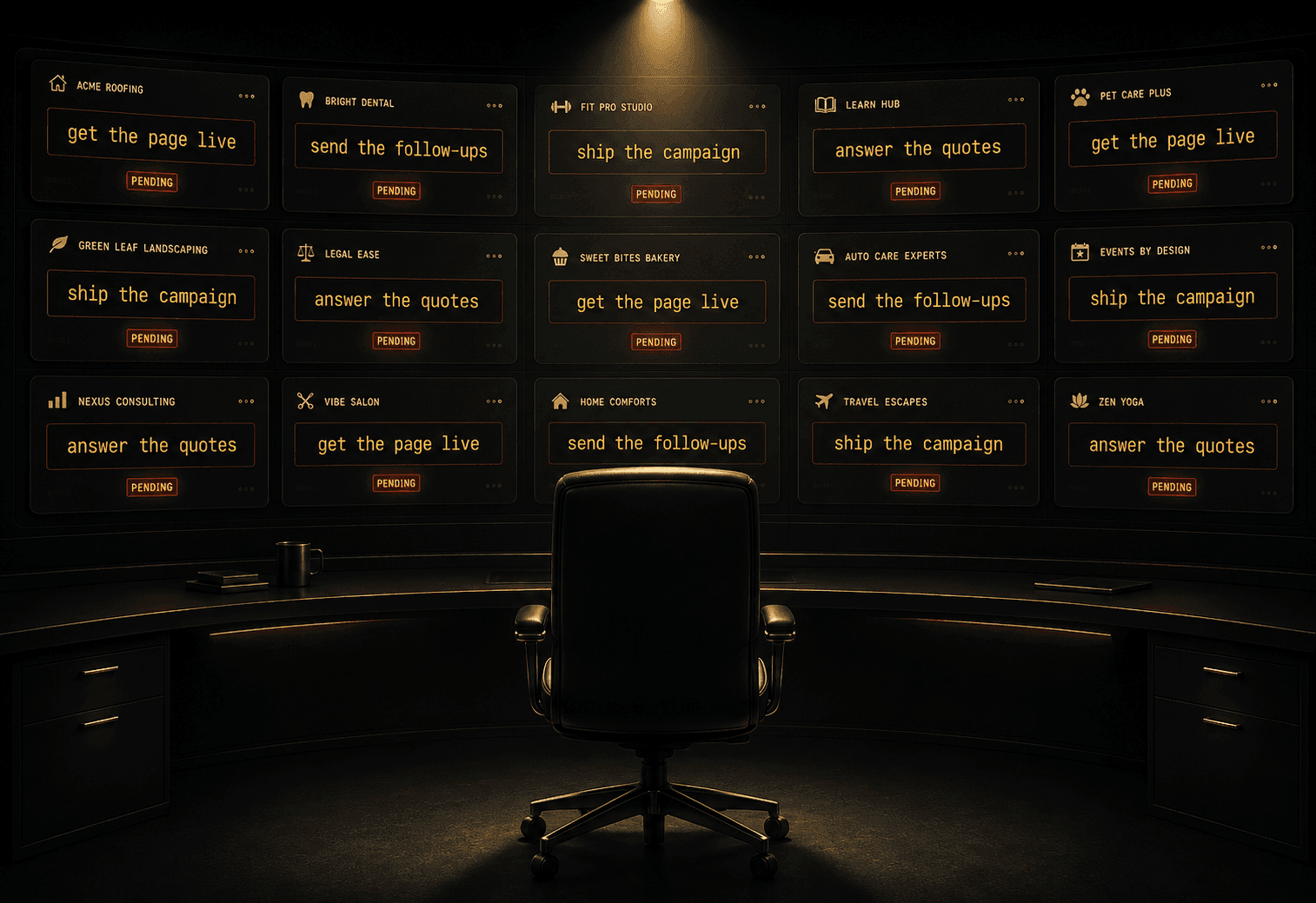 An empty command-center chair lit from above, facing a wall of small-business screens with pending requests